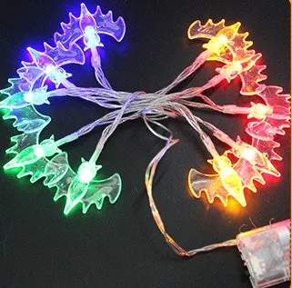 Halloween LED string lights with 10 themed pendants including bats, pumpkins, and ghosts on a 1.2 metre wire