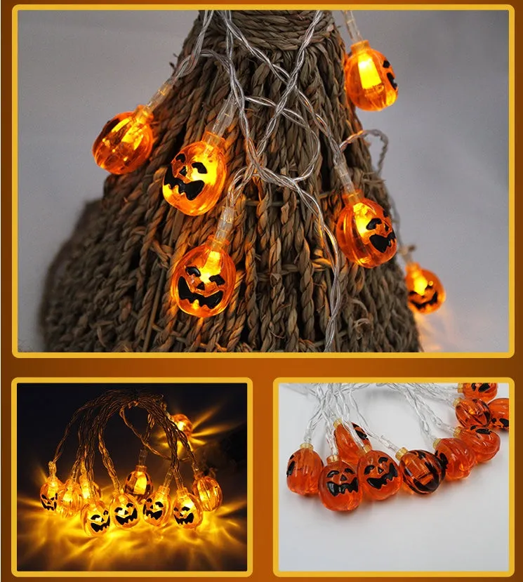 Halloween LED string lights with 10 themed pendants including bats, pumpkins, and ghosts on a 1.2 metre wire