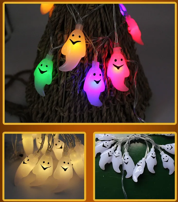 Halloween LED string lights with 10 themed pendants including bats, pumpkins, and ghosts on a 1.2 metre wire