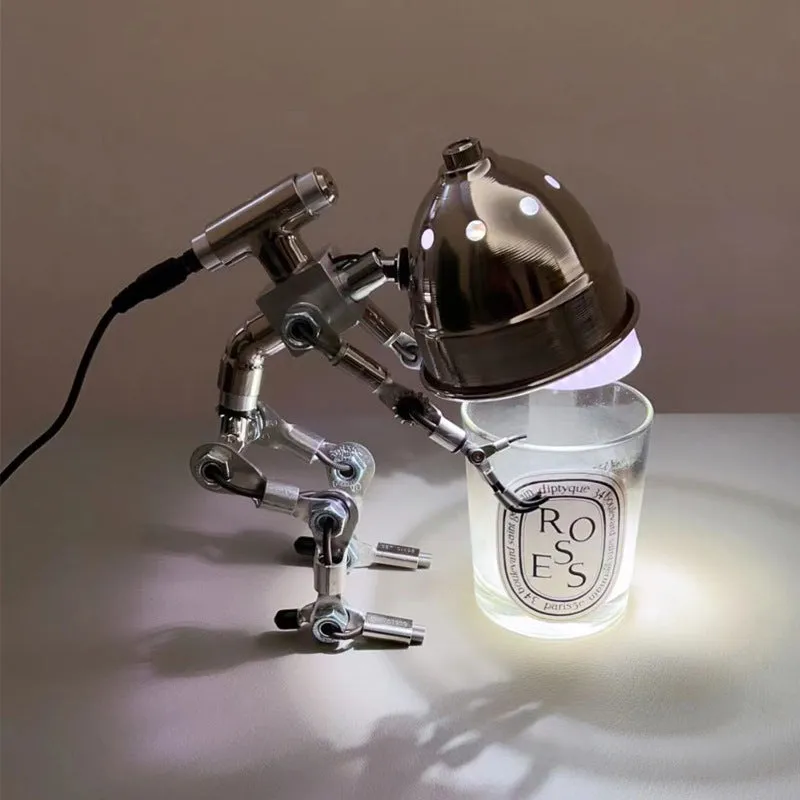 Silver copper robot desk lamp with custom graphics in 22cm or 29cm sizes with UK plug