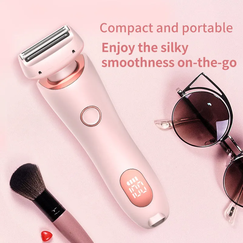 2 in 1 women's electric shaver with two cutting heads, USB rechargeable, IPX7 waterproof, in pink