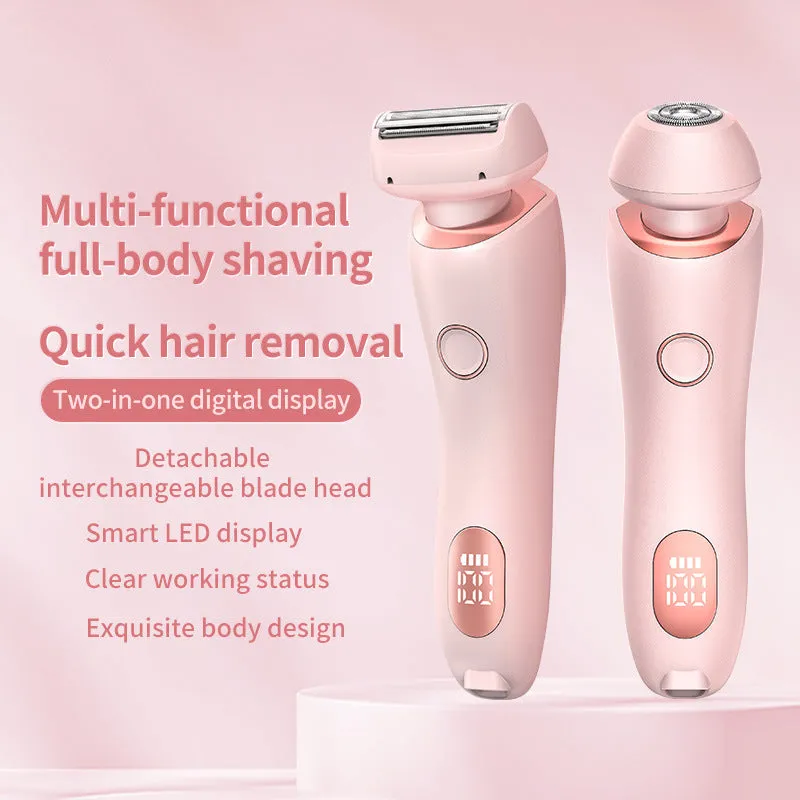 2 in 1 women's electric shaver with two cutting heads, USB rechargeable, IPX7 waterproof, in pink