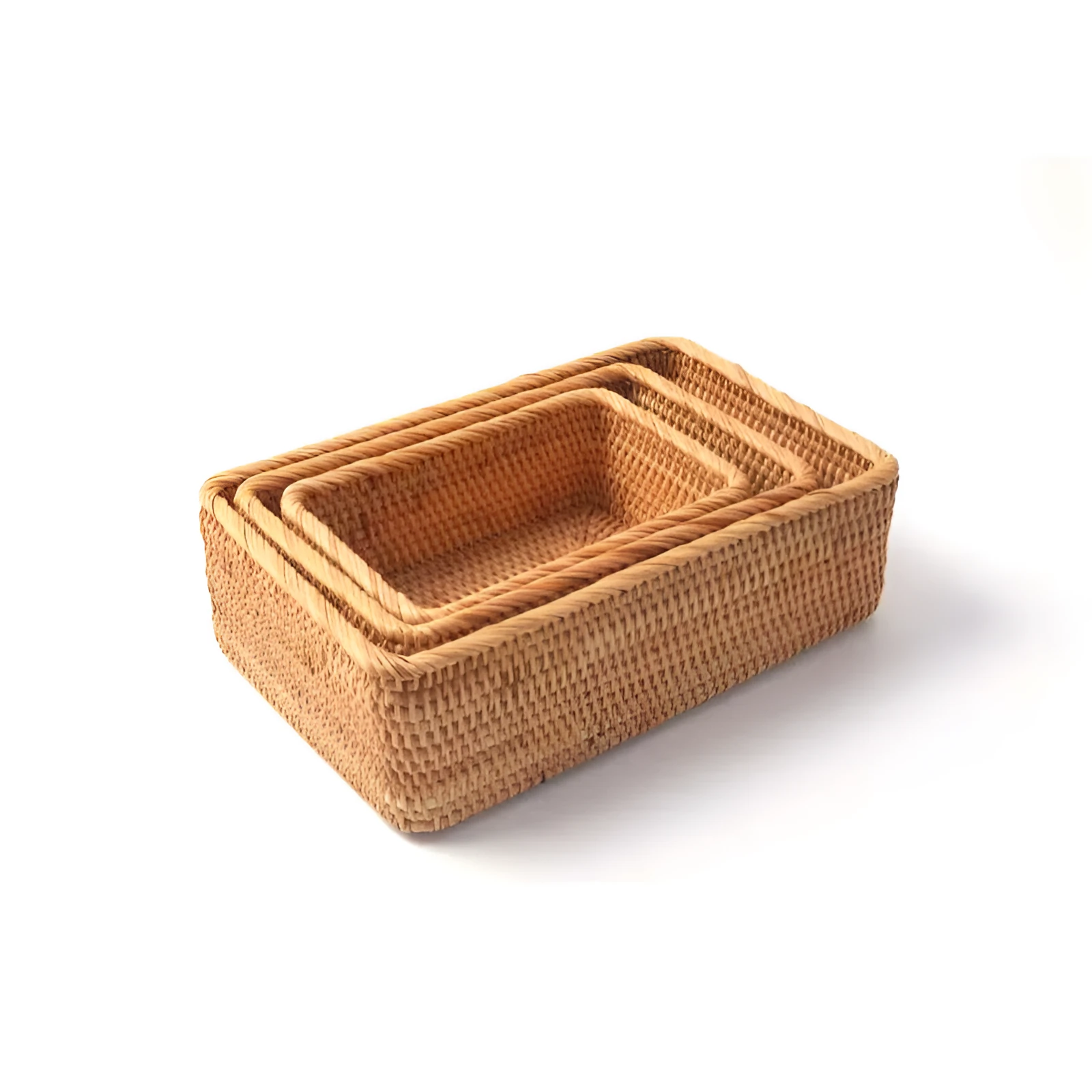 Rattan storage basket made from natural autumn vine for organising cosmetics and jewellery, with stackable design