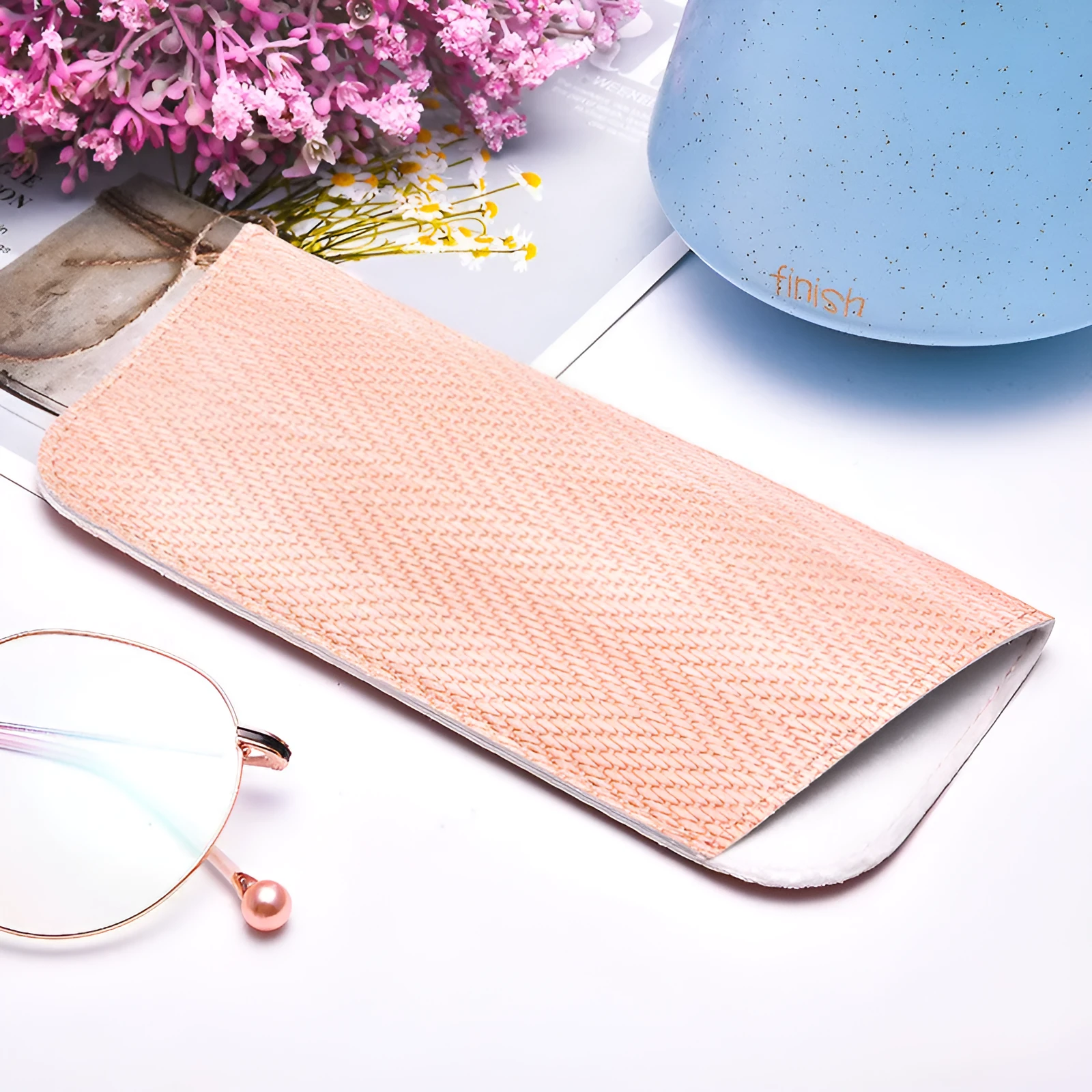 Portable PP grass glasses bag in blue, pink, and purple colours, closed design for storing glasses and sunglasses