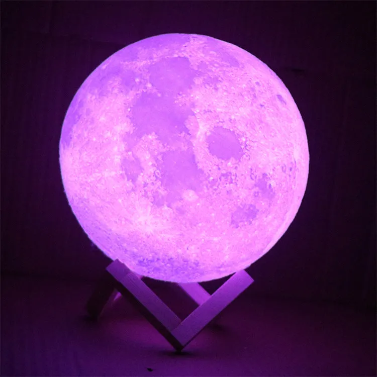 3D printed moon lamp on wooden stand showing lunar surface details with touch control ring