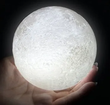 3D printed moon lamp on wooden stand showing lunar surface details with touch control ring