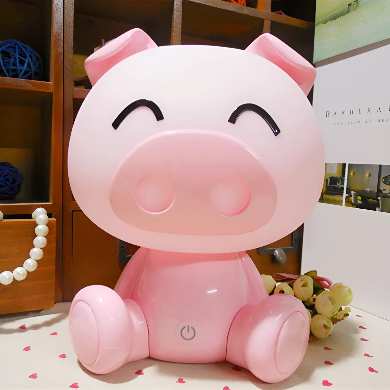 Cartoon pig small night lamp in blue showing soft LED glow, ABS body with USB power connection