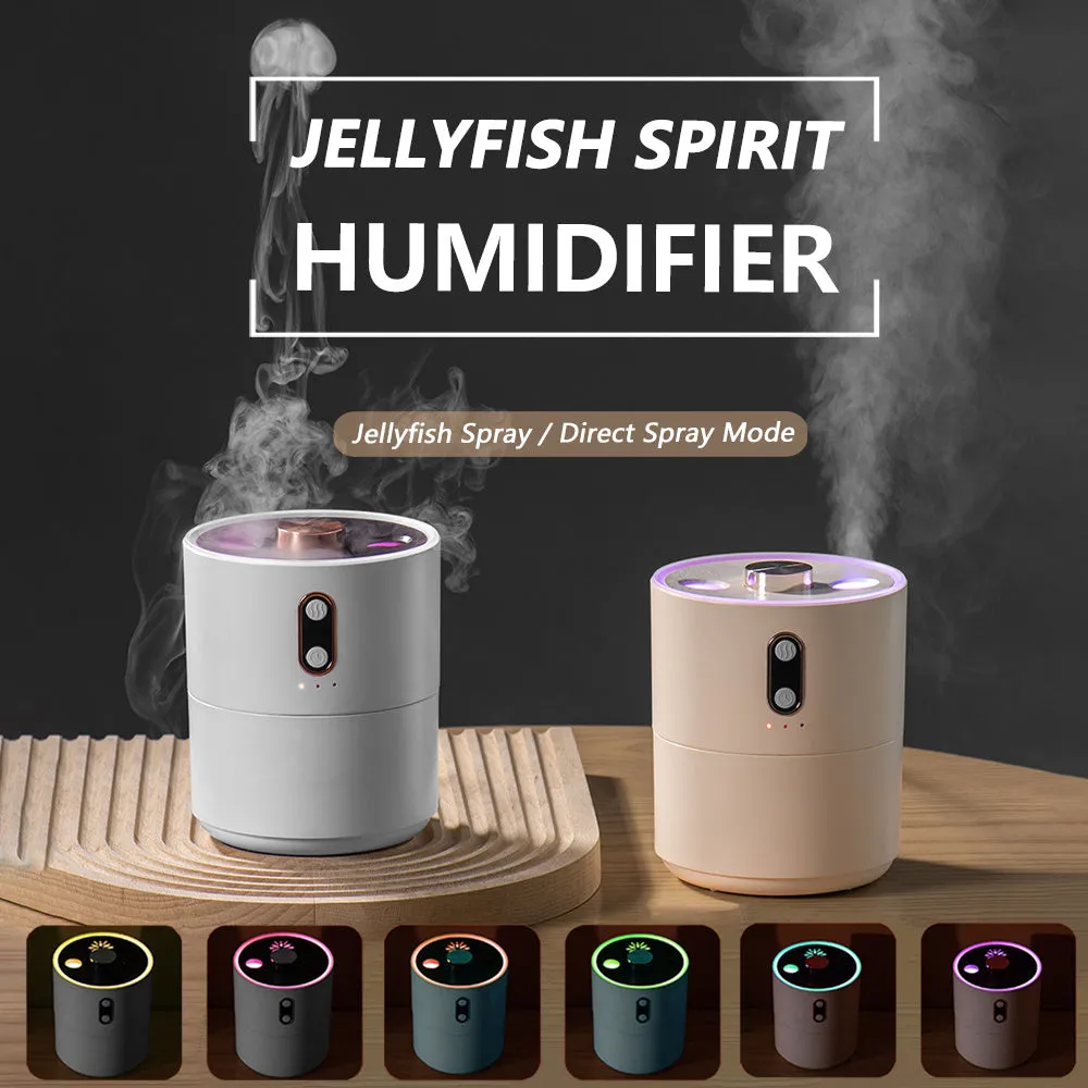 Jellyfish Spirit white desktop air purifying humidifier with USB cable and 450ml water tank on desk