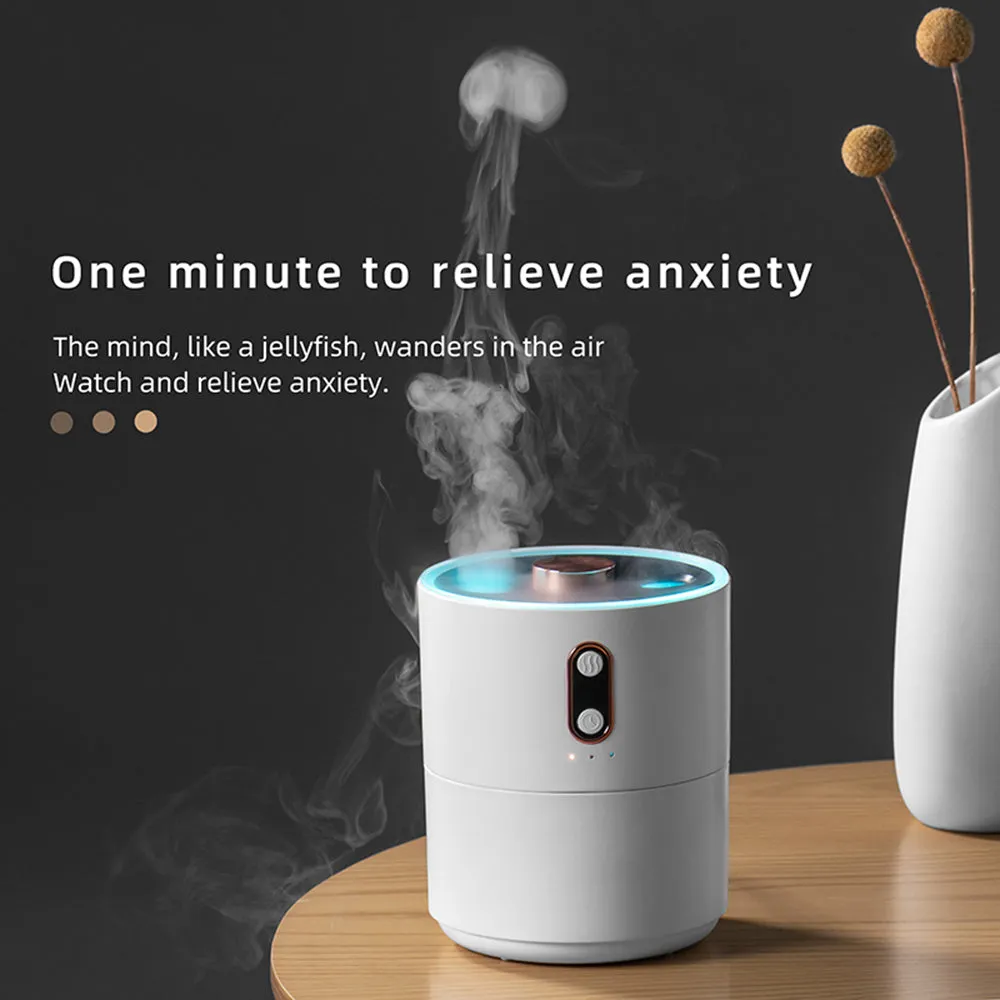 Jellyfish Spirit white desktop air purifying humidifier with USB cable and 450ml water tank on desk