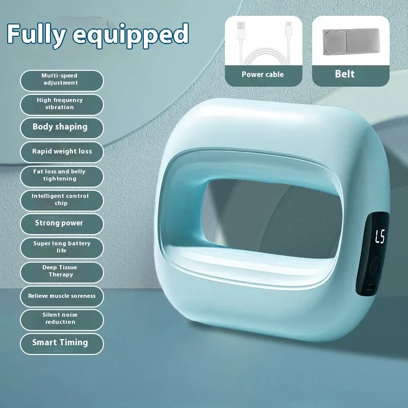 Mini fitness massage gun with LED screen in blue, showing three speed gears