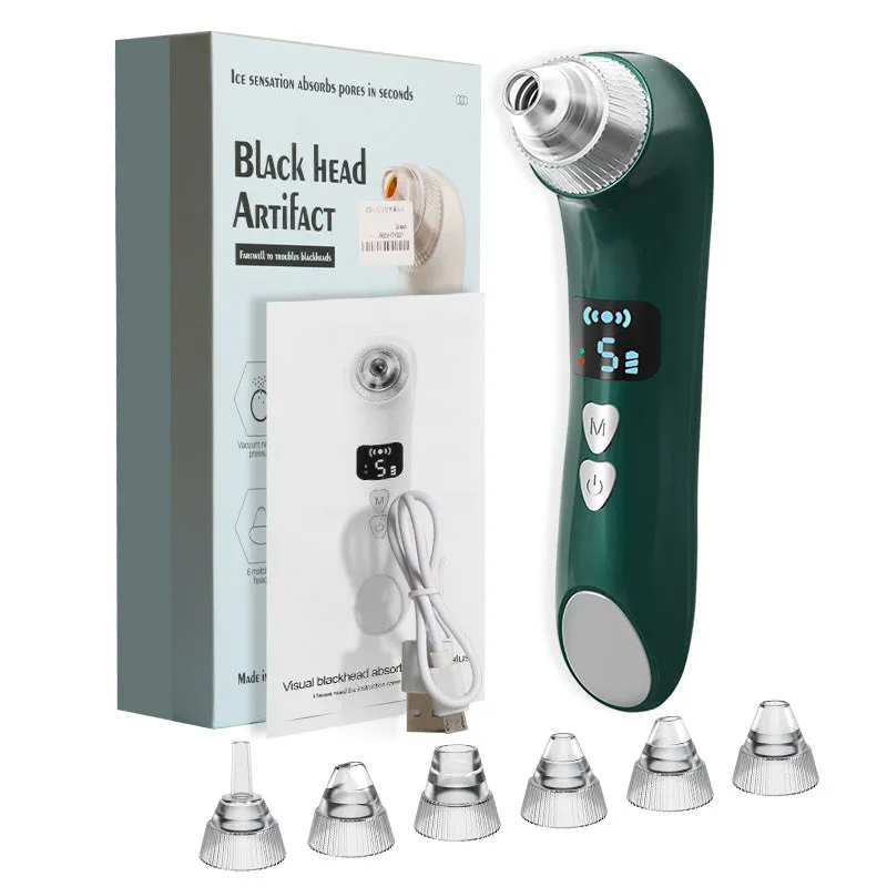 Green and white handheld heating blackhead instrument with USB charging port and suction nozzle