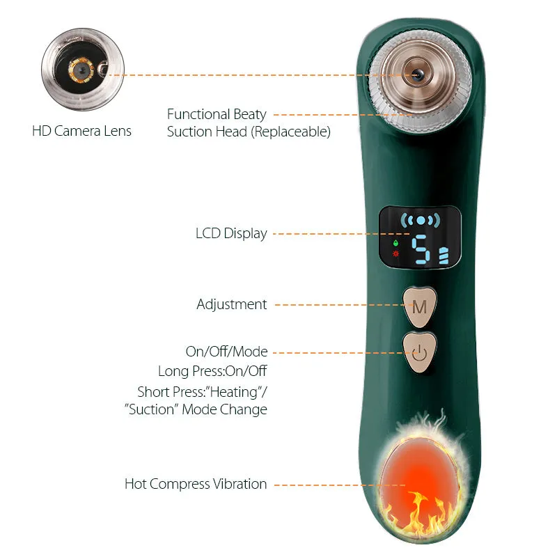 Green and white handheld heating blackhead instrument with USB charging port and suction nozzle