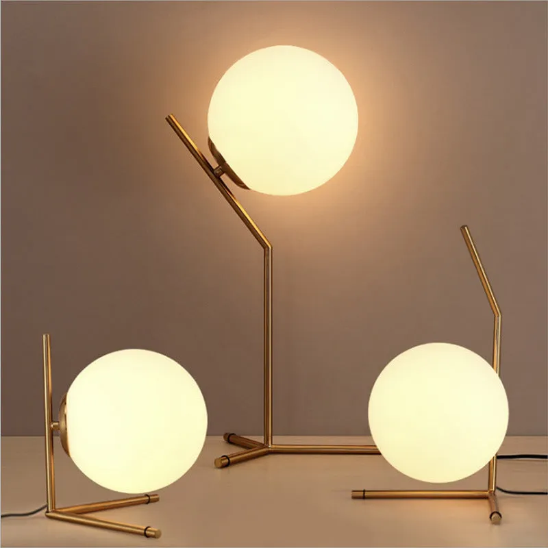 Glass ball table lamp with right angle shade and socket power cord