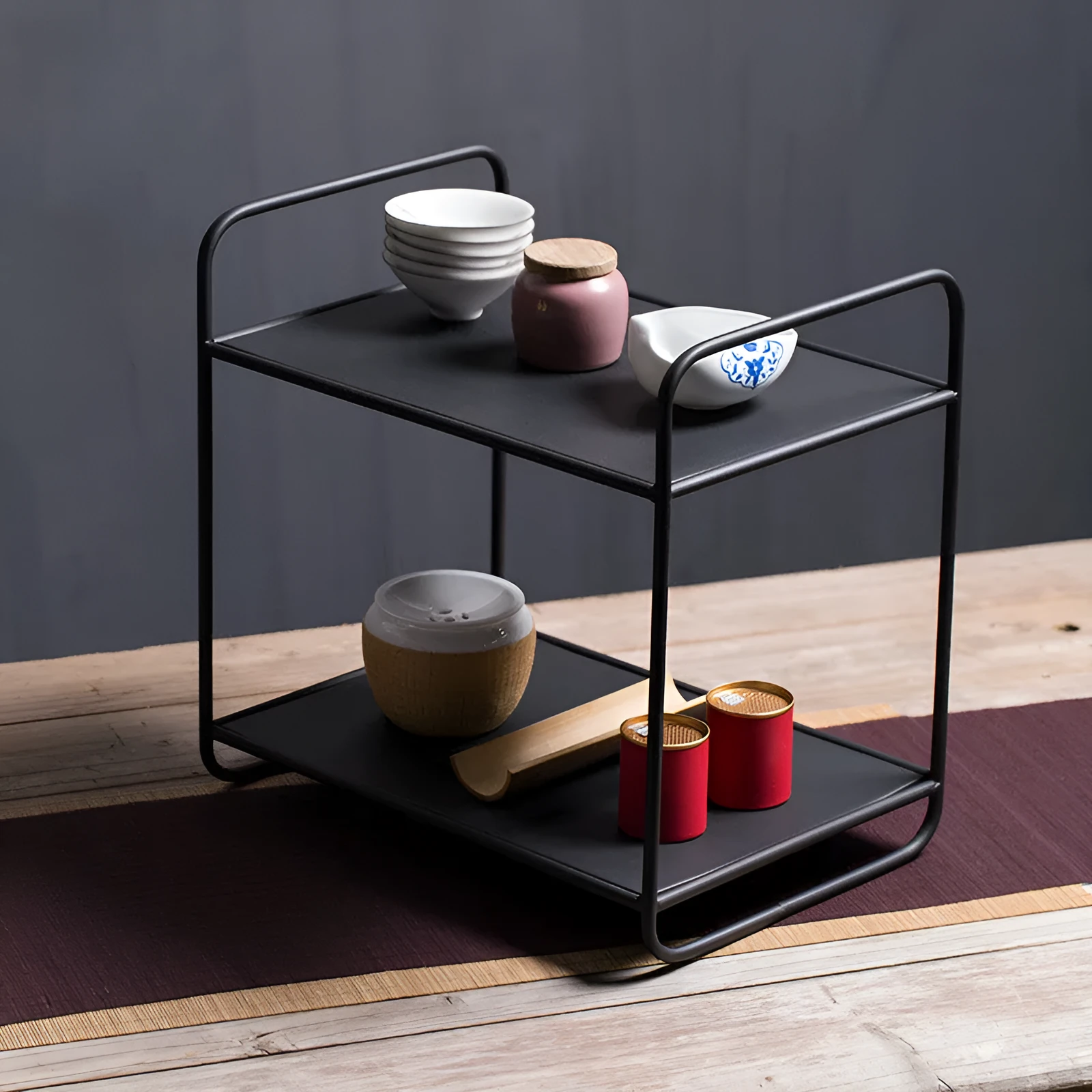 Bogu double-layer black cup holder on antique tabletop Japanese style