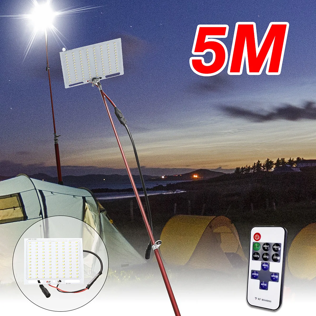 White LED fishing rod light unit on a tall telescopic pole with a remote control for outdoor use.