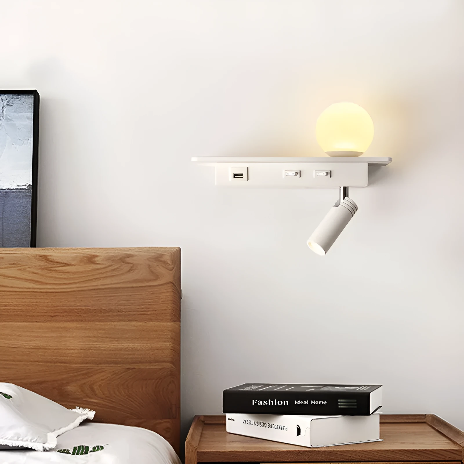Bedside lamp with USB port shelf acrylic body PMMA lampshade wall-mounted modern design warm light