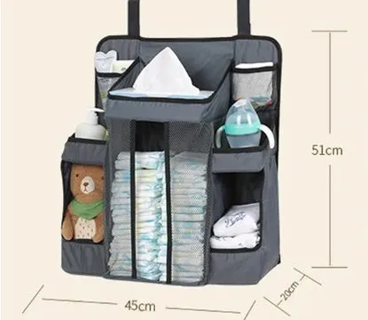 Crib storage bag in grey TC oxford cloth with large storage space for baby diapers and toys