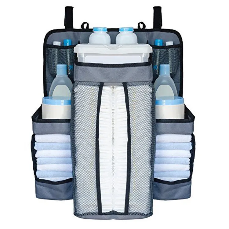 Crib storage bag in grey TC oxford cloth with large storage space for baby diapers and toys