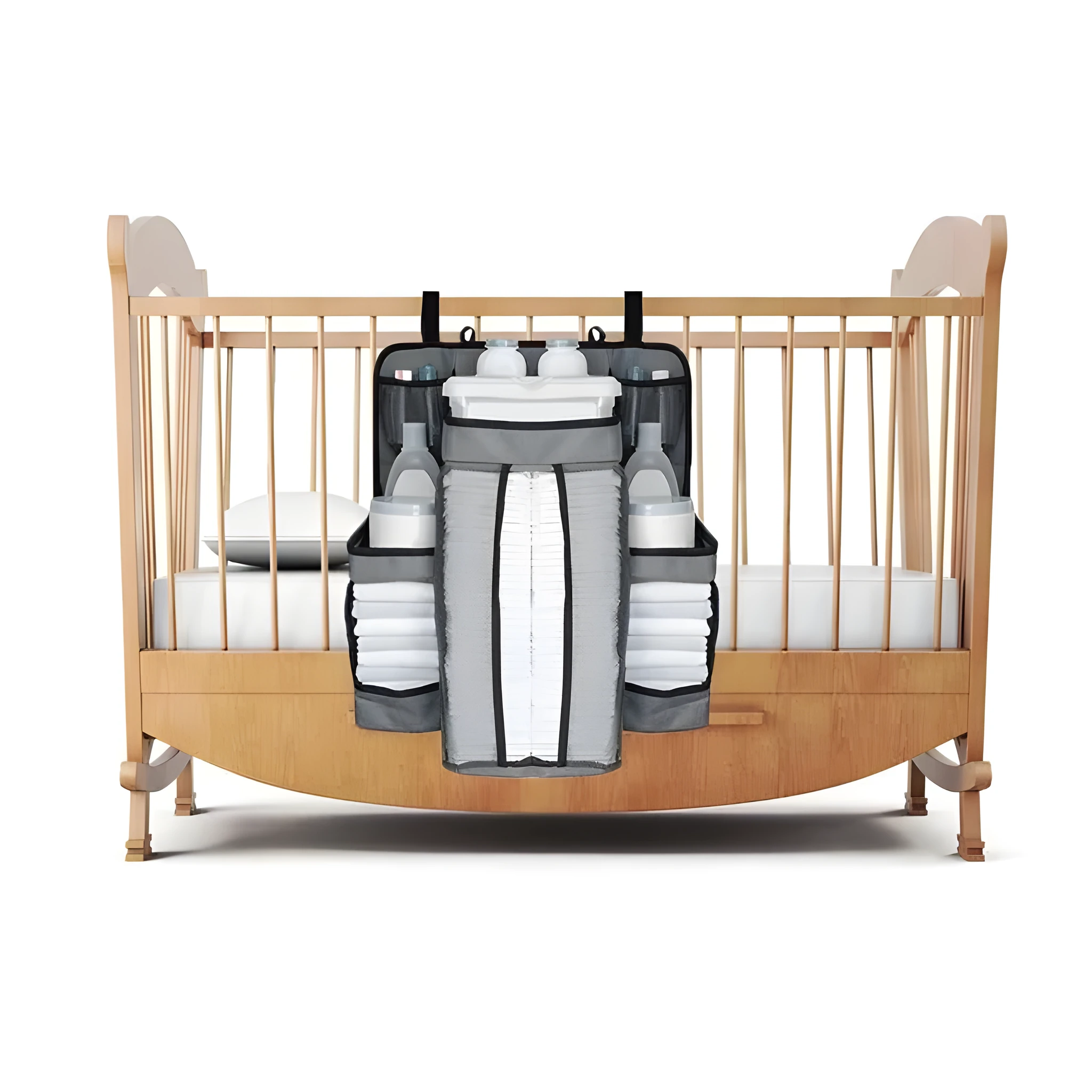Crib storage bag in grey TC oxford cloth with large storage space for baby diapers and toys