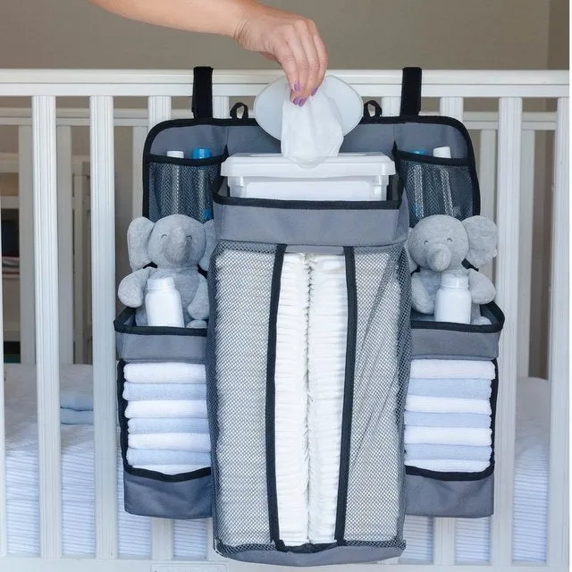 Crib storage bag in grey TC oxford cloth with large storage space for baby diapers and toys