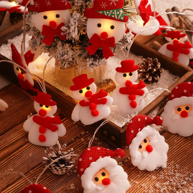 Fabric felt polka dot Christmas LED string lamp with battery power, showing snowflake bear and snowman light colours