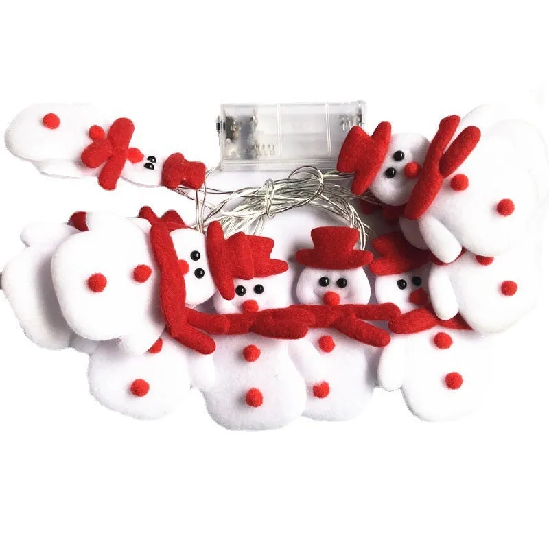 Fabric felt polka dot Christmas LED string lamp with battery power, showing snowflake bear and snowman light colours