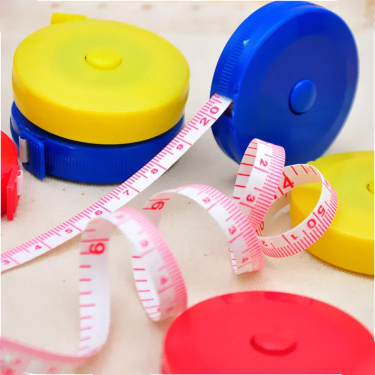 Mini portable plastic measuring tape wound with 150cm metric and city scale, compact 5cm diameter