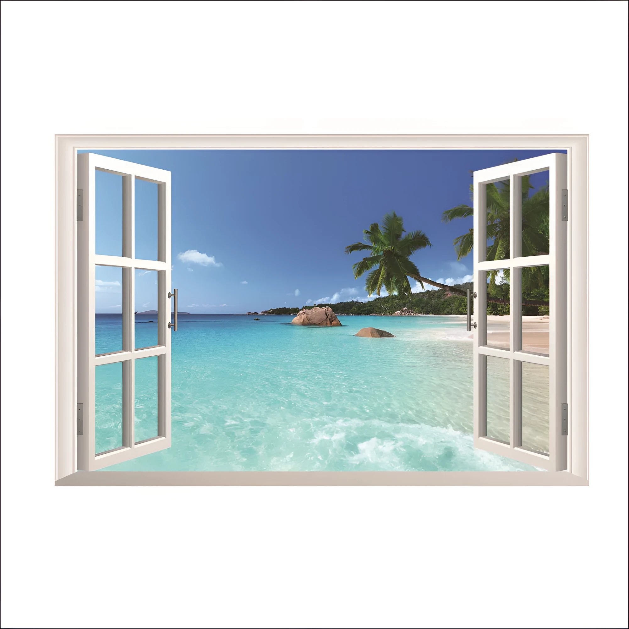 Sea view window wall sticker mural in blue and white with coastal scene on 60x90cm PVC material