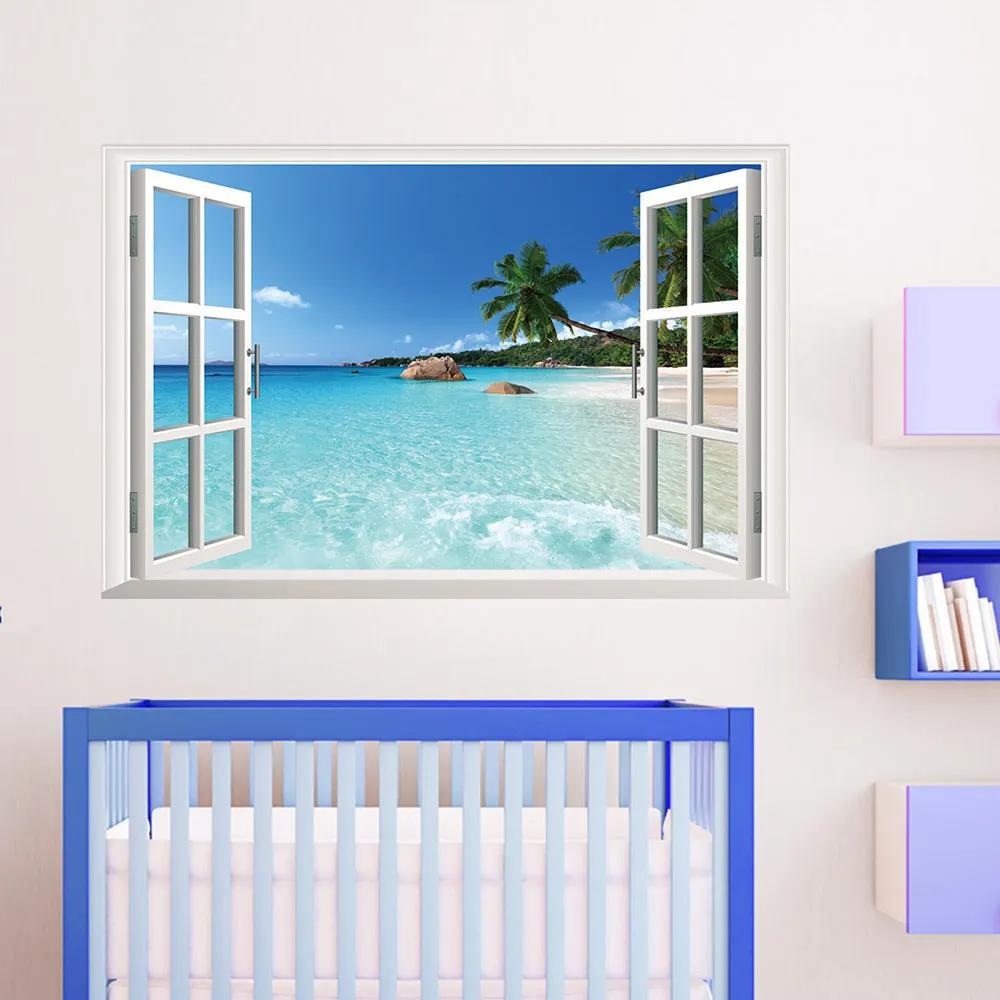Sea view window wall sticker mural in blue and white with coastal scene on 60x90cm PVC material