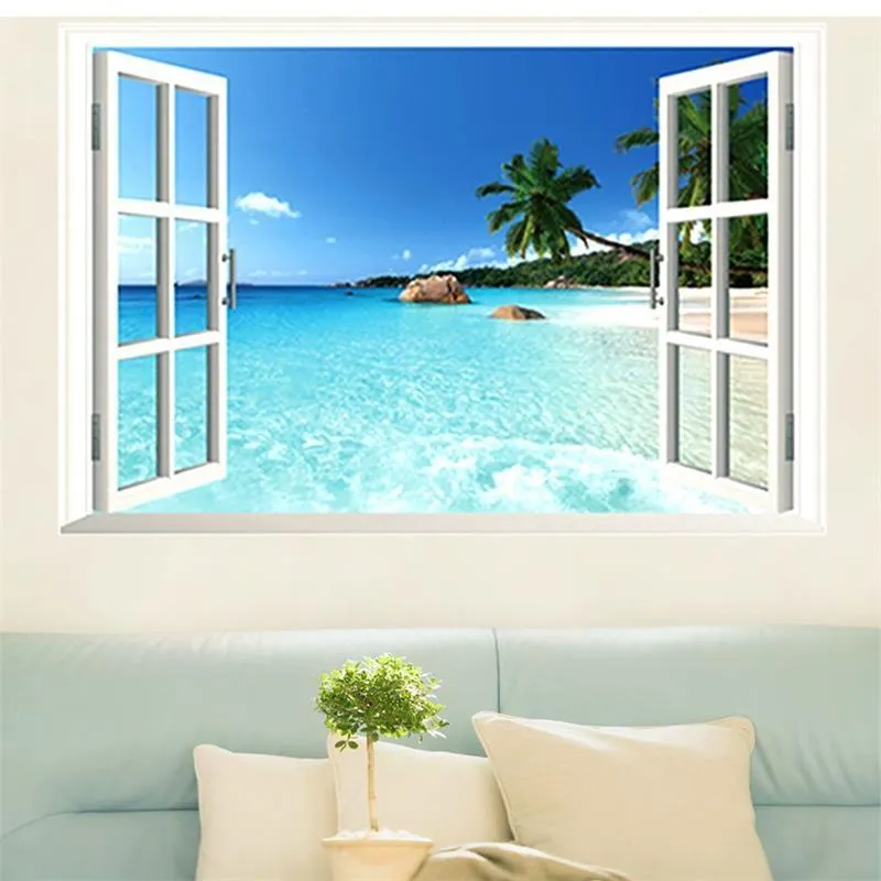 Sea view window wall sticker mural in blue and white with coastal scene on 60x90cm PVC material