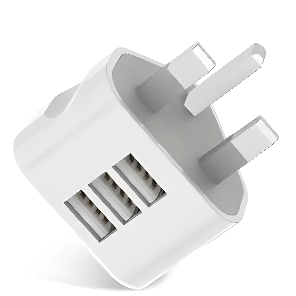 White UK plug USB travel charger with three USB ports, 4.5 cm cube, ABS plastic, for Apple iPhone