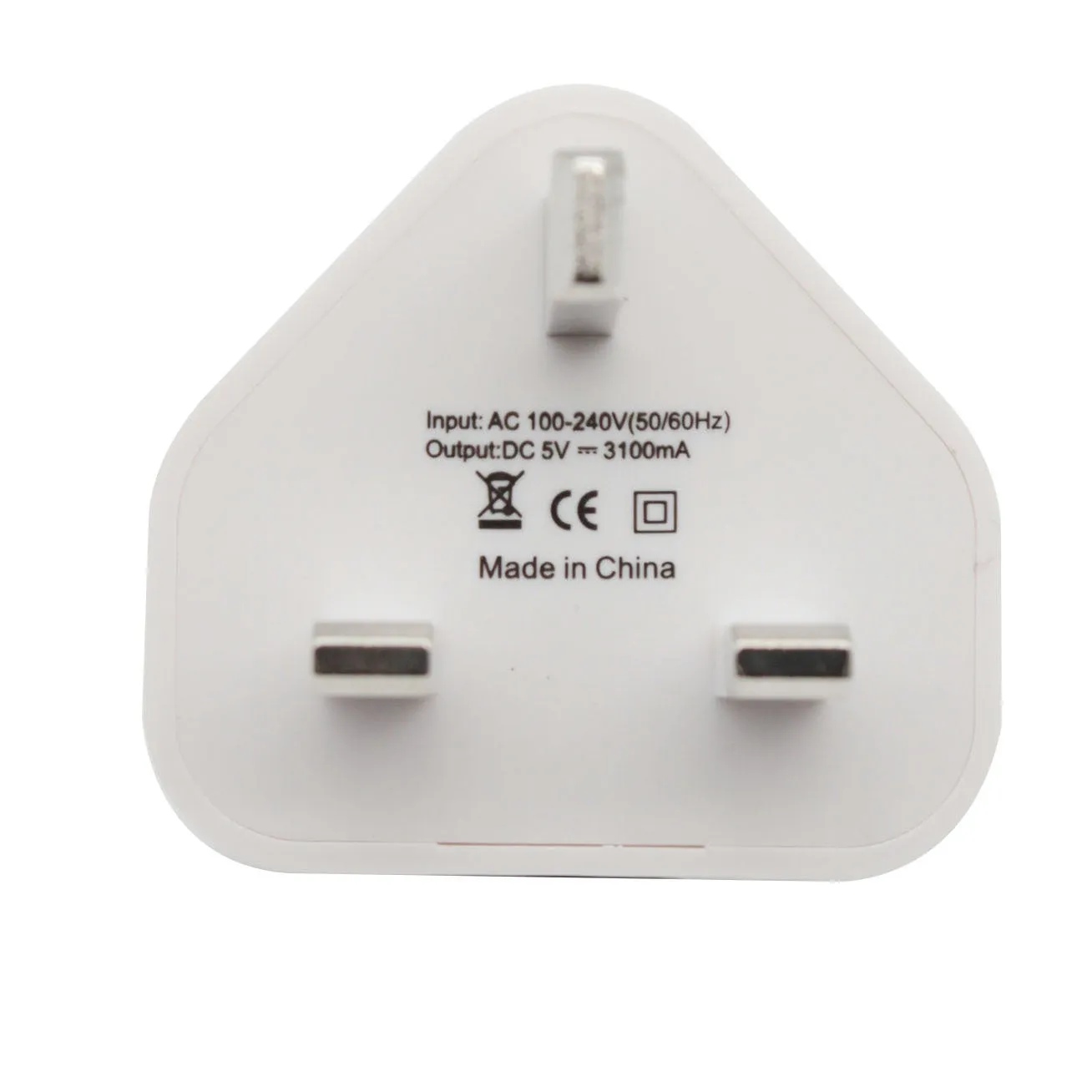 White UK plug USB travel charger with three USB ports, 4.5 cm cube, ABS plastic, for Apple iPhone
