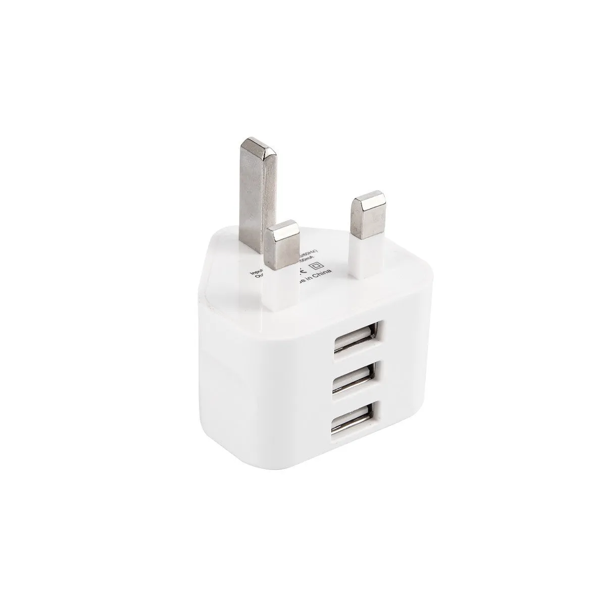 White UK plug USB travel charger with three USB ports, 4.5 cm cube, ABS plastic, for Apple iPhone