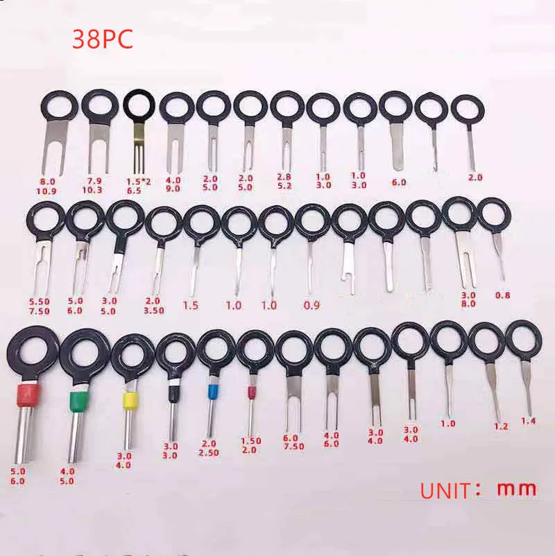 Set of hardened steel wire needle retractors for automotive connector extraction in multi-colour options