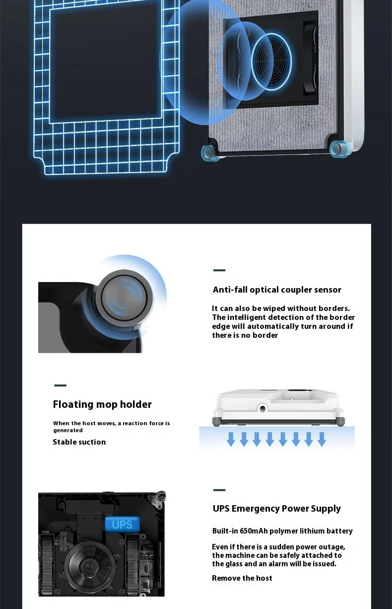White intelligent small window cleaner robot on smooth indoor glass surface with plastic body