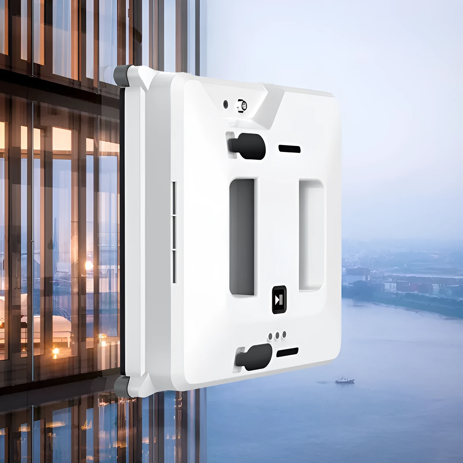 White intelligent small window cleaner robot on smooth indoor glass surface with plastic body