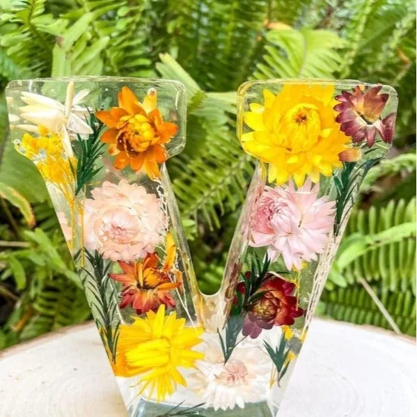 Transparent resin night light ornament with letter flower design, 15cm square, multiple colour options