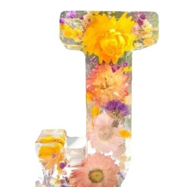 Transparent resin night light ornament with letter flower design, 15cm square, multiple colour options