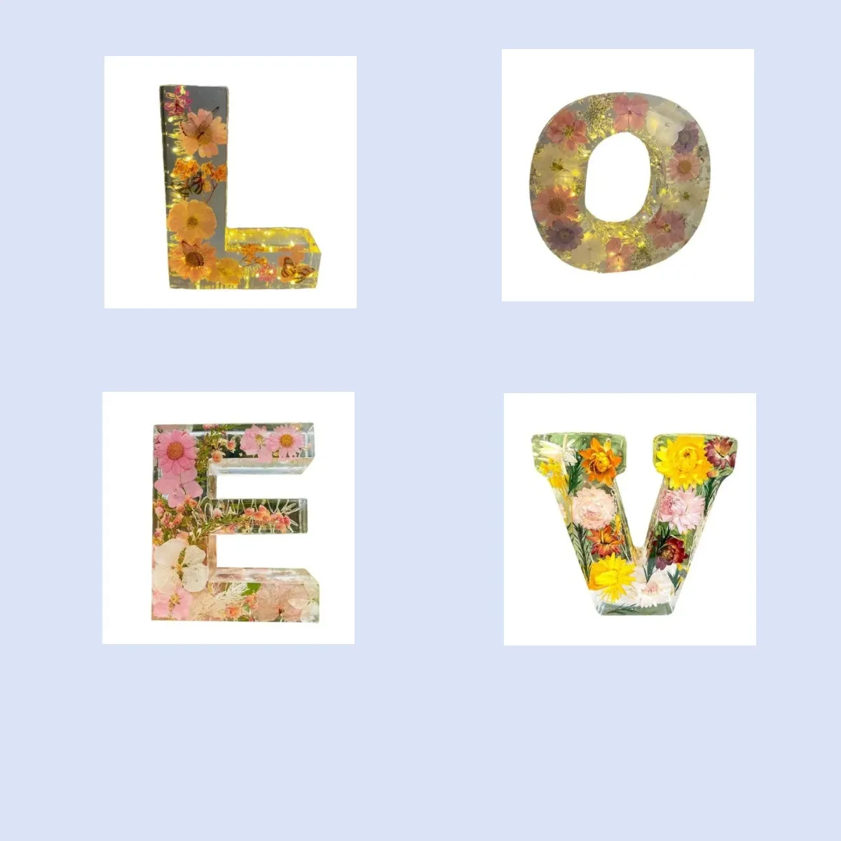 Transparent resin night light ornament with letter flower design, 15cm square, multiple colour options