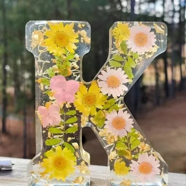 Transparent resin night light ornament with letter flower design, 15cm square, multiple colour options