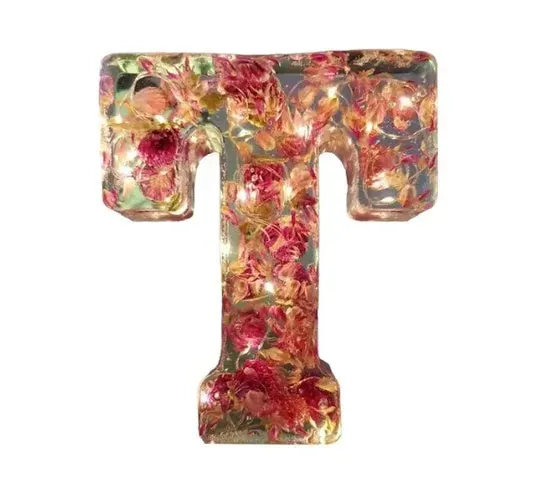 Transparent resin night light ornament with letter flower design, 15cm square, multiple colour options