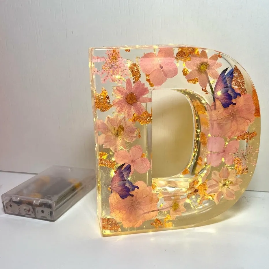 Transparent resin night light ornament with letter flower design, 15cm square, multiple colour options