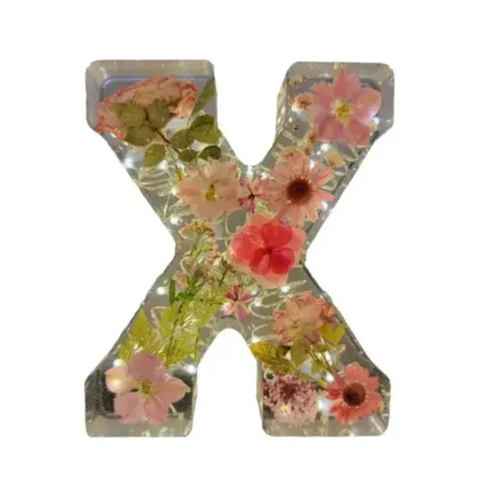 Transparent resin night light ornament with letter flower design, 15cm square, multiple colour options