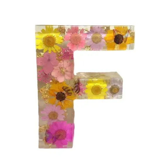 Transparent resin night light ornament with letter flower design, 15cm square, multiple colour options