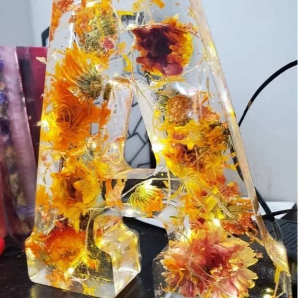 Transparent resin night light ornament with letter flower design, 15cm square, multiple colour options