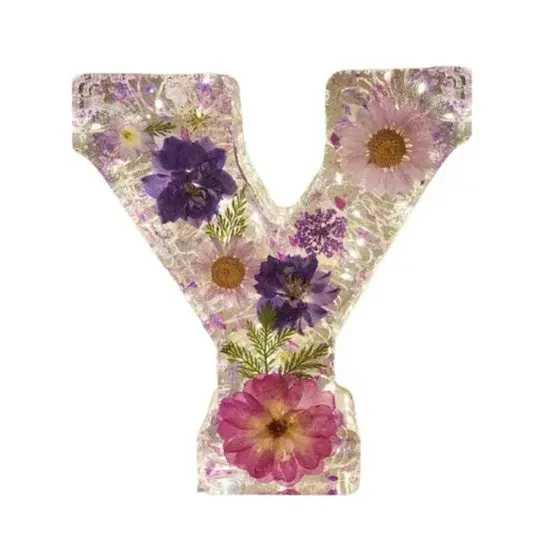 Transparent resin night light ornament with letter flower design, 15cm square, multiple colour options