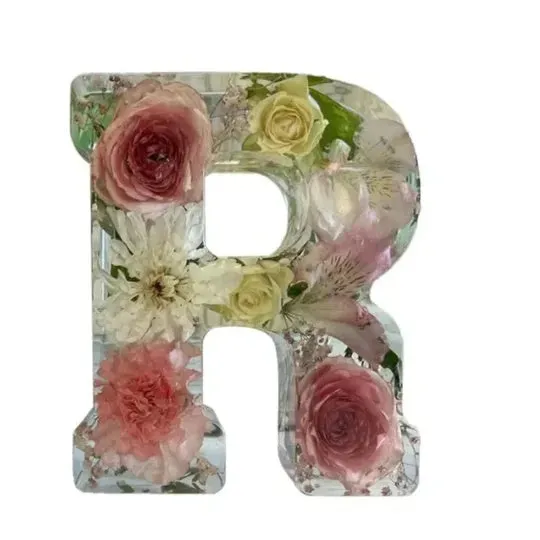 Transparent resin night light ornament with letter flower design, 15cm square, multiple colour options