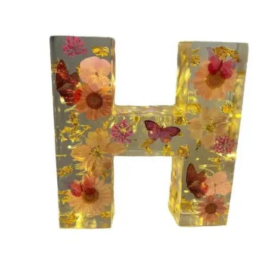 Transparent resin night light ornament with letter flower design, 15cm square, multiple colour options