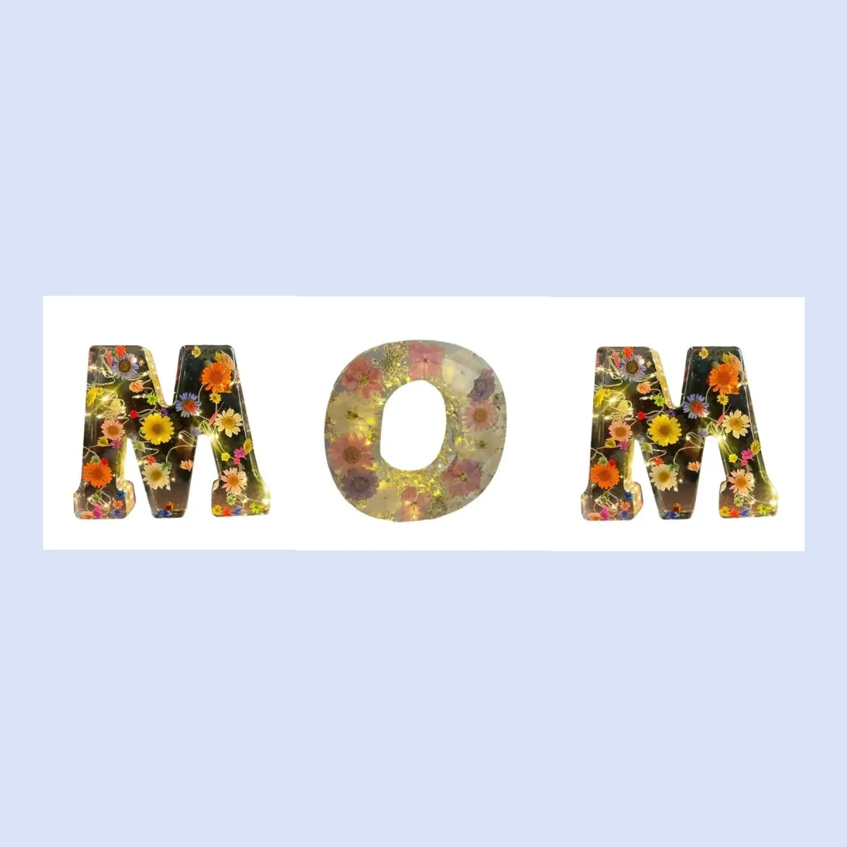 Transparent resin night light ornament with letter flower design, 15cm square, multiple colour options