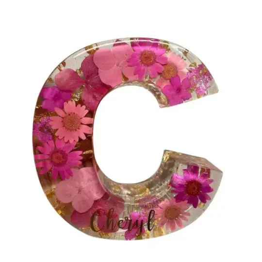 Transparent resin night light ornament with letter flower design, 15cm square, multiple colour options